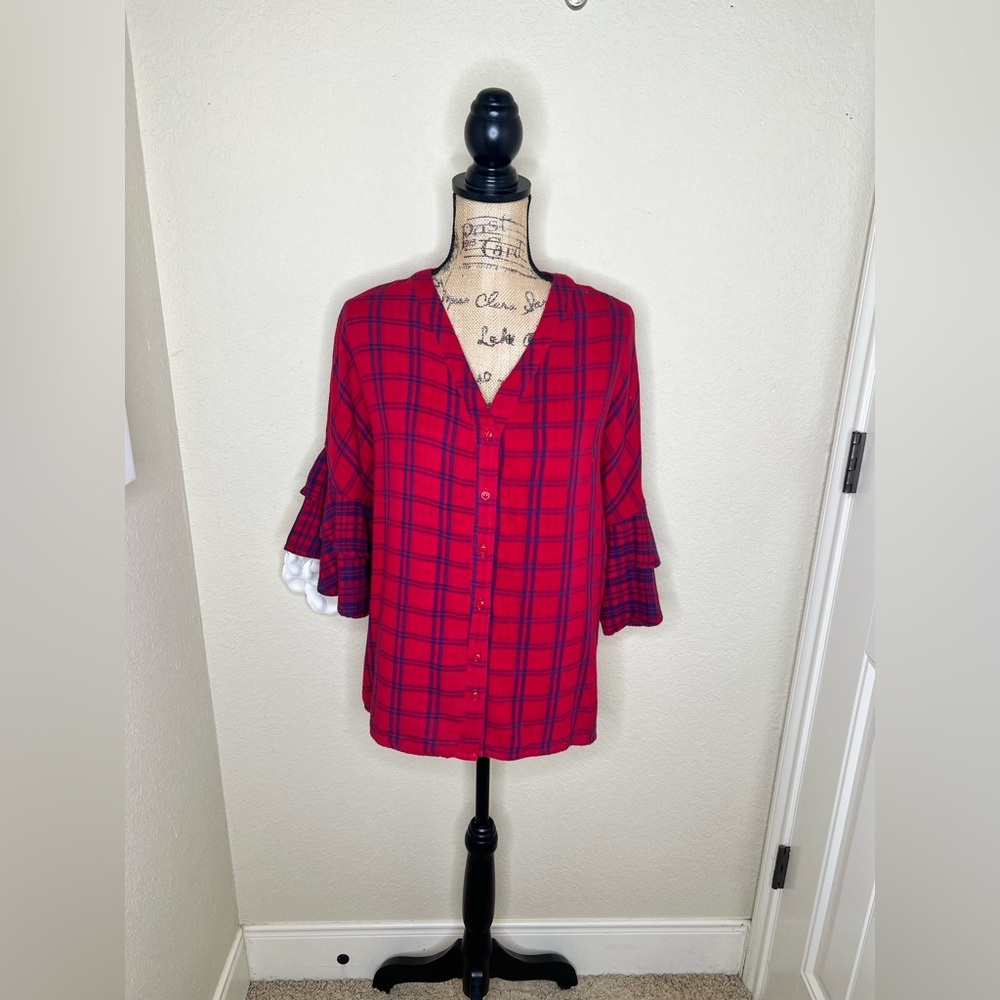 NTM: Umgee Red Blue Plaid Button Down Top Flannel Feel Bell Sleeves Size Small